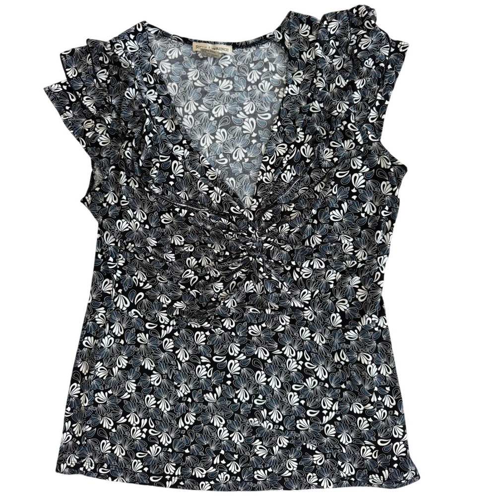 Susan Lawrence Womens Cap Sleeve V-Neck Twist Front Floral Paisley Top Black M